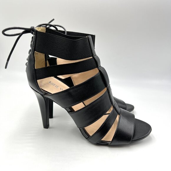 Nine West Womens 7M Dreamteam Black Corset Cage Stiletto Heels Sandals Shoes - Picture 1 of 11